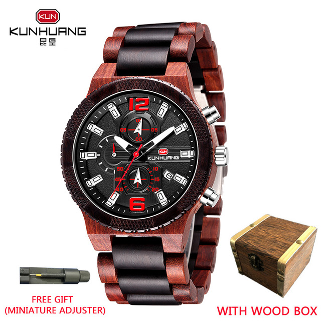 Kunhuang Wooden Watch Fashion Personality Creative Design Senior Ebony Men Watches Quartz Watch Movement Wooden Box Montre Homme