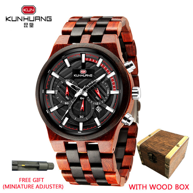 Kunhuang New Wooden Watch Men Luxury Chronograph Ebony Quartz Watch Blue Dial Metal Glass Mirror Wooden Box