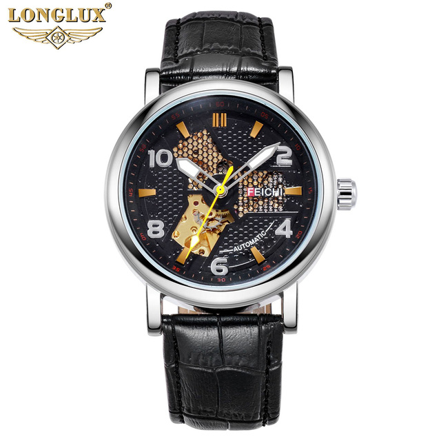 LONGLUX Brand Mechanical Automatic New Business Watches Men Leather Straps Waterproof Wristwatch Sports Watches Relogio Masculino