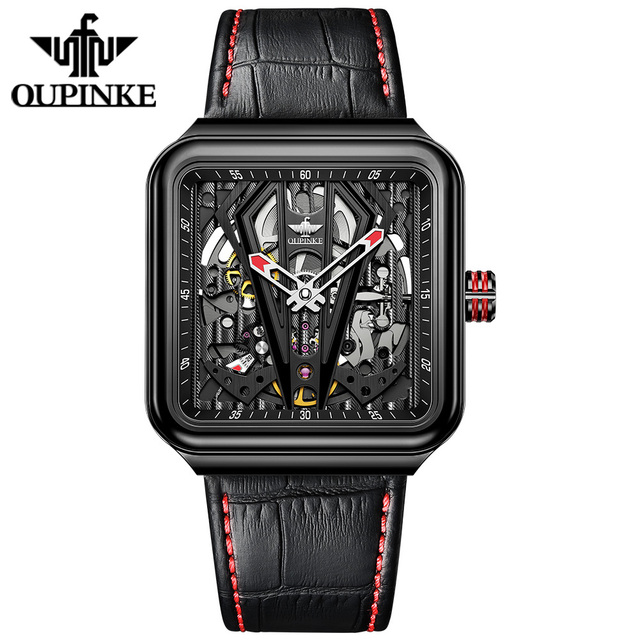 OUPINKE Automatic Watch Men Skeleton Mechanical Watch Steampunk Sapphire Crystal Square Leather Transparent Sports Wristwatches