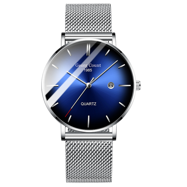 Men's quartz rose gold black net stainless steel black leather strap simple fashion blue watch