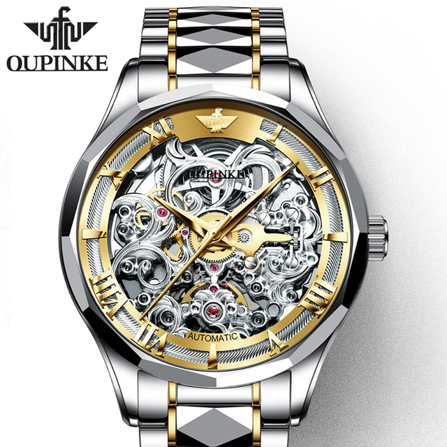 OUPINKE Mens Automatic Mechanical Watches Business Luxury Tungsten Steel Waterproof Wristwatch Men Fashion Watch Diver