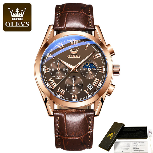 OLEVS Waterproof Corium Strap Men's Wristwatches Quartz Multifunction Three-eye Six Hand Fashion Luminous Men's Watches