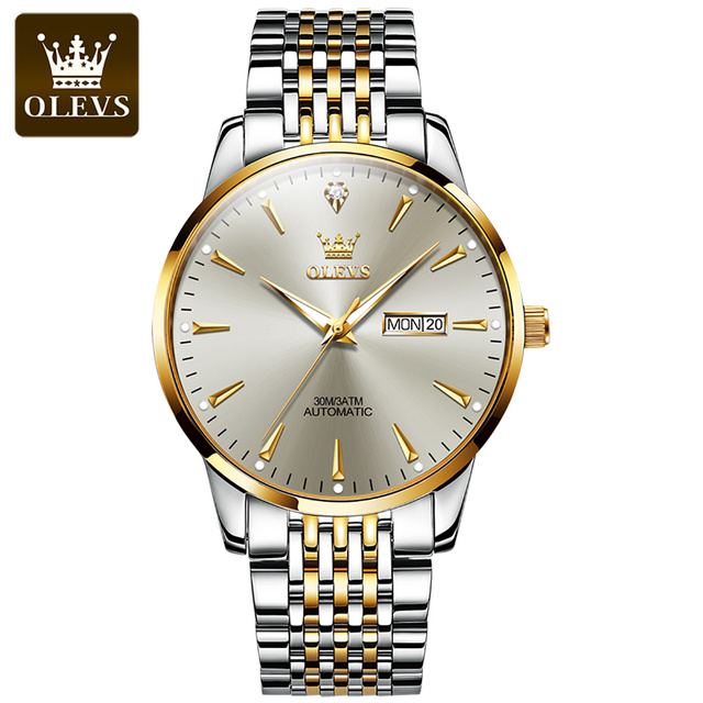 OLEVS Luxury Stainless Steel Mechanical Watches for Men Waterproof Automatic Watch Calendar Luminous Men Mechanical Wristwatches