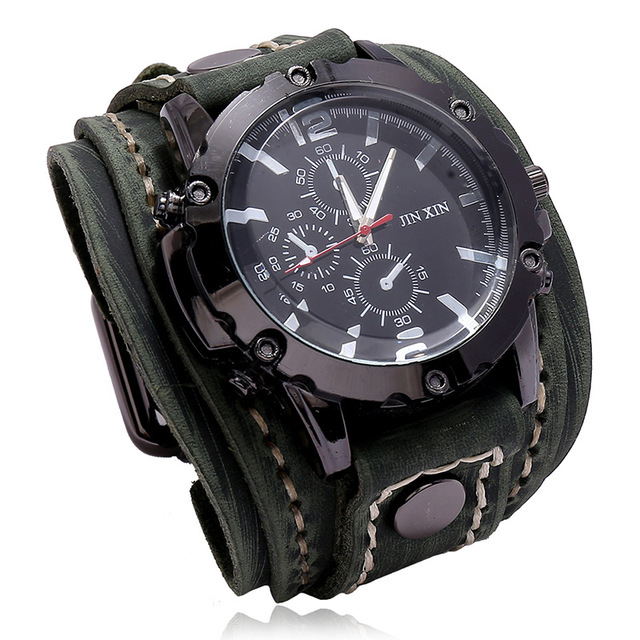 Men's Quartz Watches Jisingshu Luxury Wristwatch 2022 Cowhide Watch Band Punk Style Men's Watch Genuine Leather Wide Bracelets