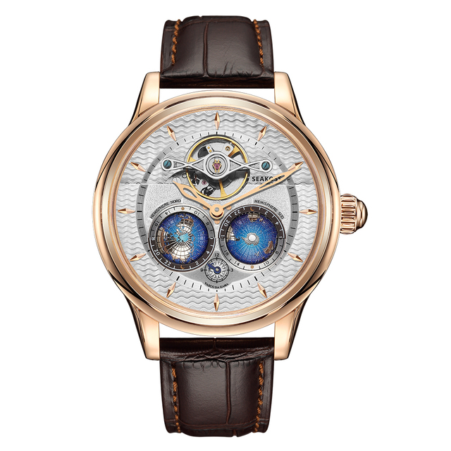 Super Automatic Rotation 3D Double Earth Flywheel Mechanical Watches Northern/Southern Hemisphere Mechanical Watches SEAKOSS 1963 Automatic Wristwatches