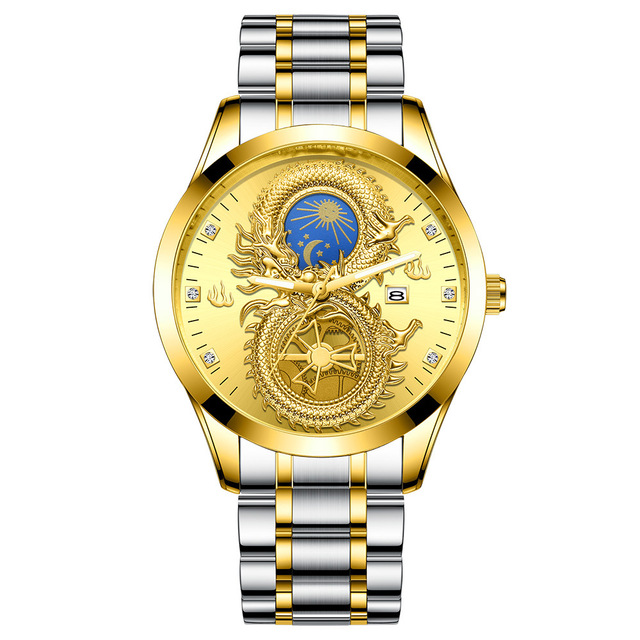 FNGEEN Mens Watches Luxury Brand Chinese Golden Dragon Quartz Watch Diamond Dial Stainless Steel Watch Male Relogio Masculin