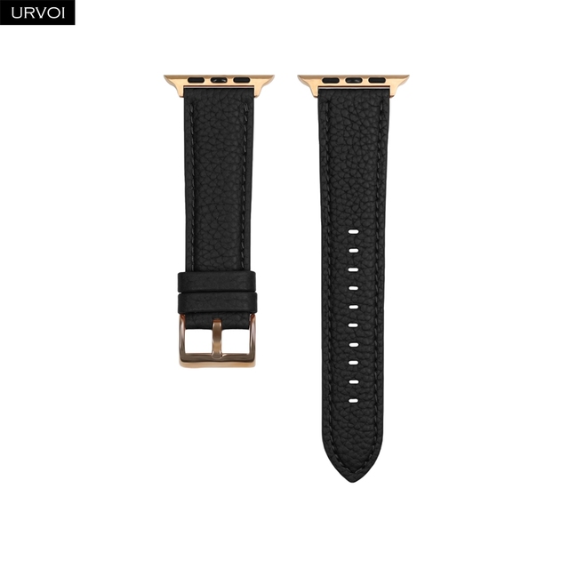 URVOI Band for Apple Watch Series 7 6 SE 5 4 321 Genuine Litchi Grain Leather Strap for iWatch Pin Buckle Black Rose Gold Buckle