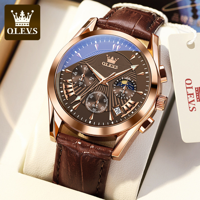 OLEVS Luxury Watch Men's Multifunctional Quartz Watch Business Style Leather Strap Waterproof Mens Calendar Chronograph Watch