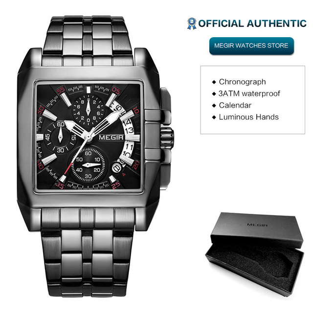 MEGIR Full Black Watches Men Luxury Chronograph Quartz Watch for Man Square Dial Luminous Wristwatch Relogios Relogios Reloj