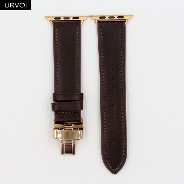 URVOI Deploy Buckle Band for Apple Watch 7 6 SE 5 4 3 Leather Strap for iwatch 41mm 45mm Single Round Design Butterfly Buckle