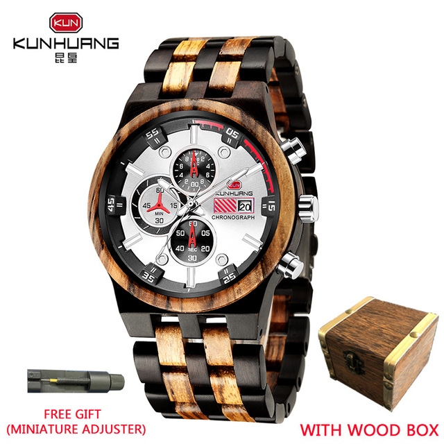 Kunhuang Men's Luxury Brand Personality Sports Mens Wooden Watches Quartz Clock Men Multifunctional Wooden Watch Relogio masculino