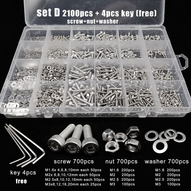 Total 400/650/1140/2100X M1.6 M2 M2.5 M3 M4 M5 304 Stainless Steel Hex Handle Hex Socket Cap Head Screw Bolt Nut Set Assortment Kit