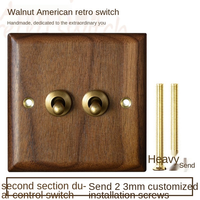 High-grade retro American industrial style light switch socket, solid wood brass toggle switch panel, antique home stay switch