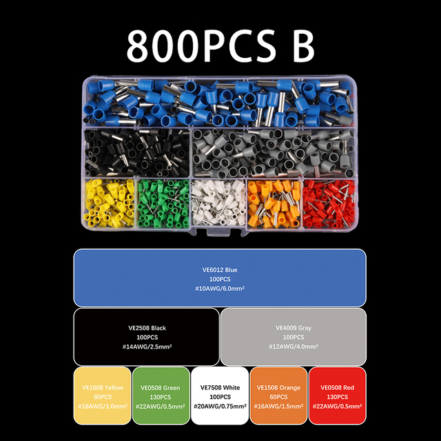 Boxed VE Series Insulated Terminal Block Cord End Crimping Sleeve Terminal Wire Cable Connector Electrical Pipe Terminals Suit