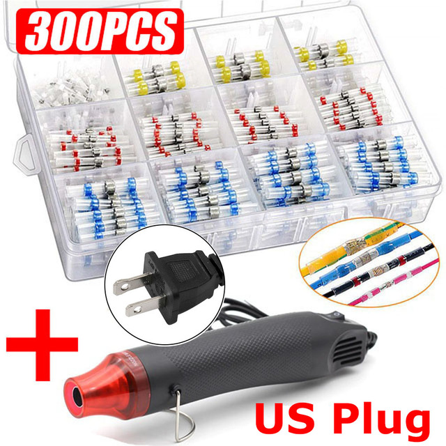 50/300pcs Waterproof Heat Shrink Butt Terminals Crimp Terminals Welding Seal Electrical Wire Twisting Cable Terminal Kit With Hot Air Gun