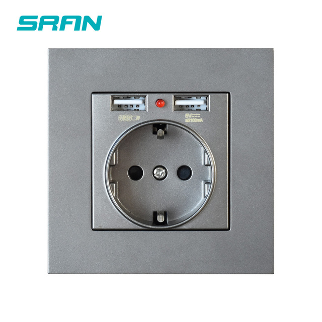 EU Power Socket,Socket With Usb Charging Port 2.1A 16A Sliver Computer Board 86mm*86mm Russia Spain SRAN Wall Socket