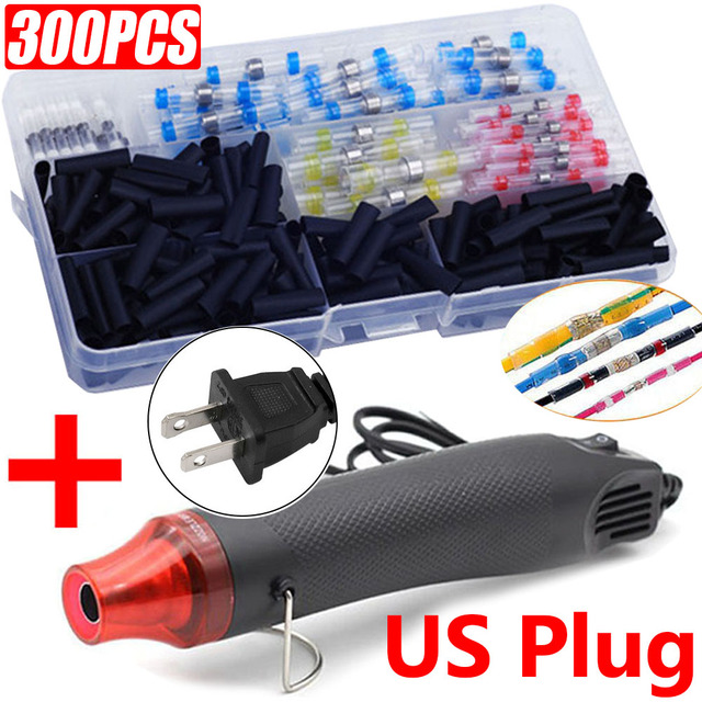 300pcs Electric Heat Shrink Butt Terminals Crimp Terminals Seal Welding Kit Waterproof Wire Twisting Cabling Connector With 300W Hot Air Gun