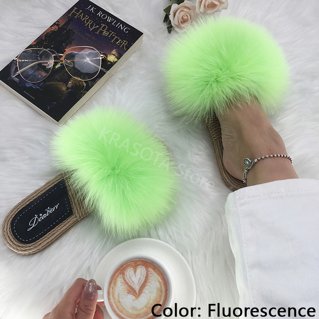 Real Fox Fur Slides Summer Women Faux Espadrilles Slippers Ladies Fluffy Flip Flops Luxury Furry Sandals Shoes 36 37 38 39 40