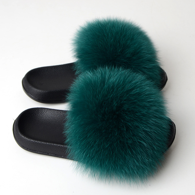 Real Fox Fur Slippers Women Summer Indoor Fluffy Flat Raccoon Fur Slides Outdoor Fashion Casual Beach Shoes Plus Size Shoes