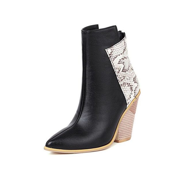 Colorblock Chunky Heel Ankle Boots PU Waterproof Women's Boots Pointed Toe Martin Boots Snake Print High Heel Shoes Fashion