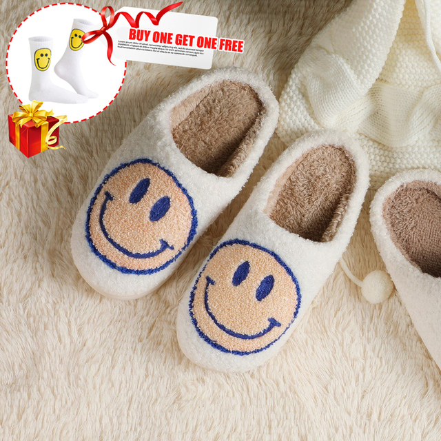 Winter Women Slippers Fluffy Smiley Face Slippers Fur Warm Couple Cotton Shoes Home Indoor Thick-soled Non-slip Floor Shoes 2022