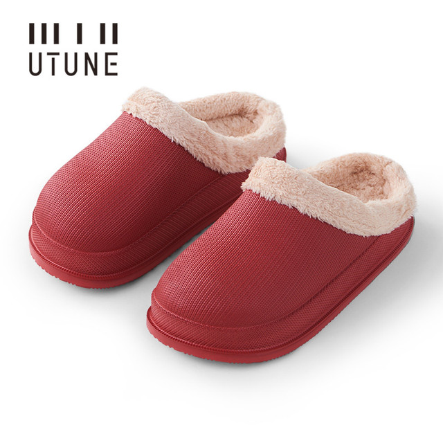 UTUNE Winter Slippers Men Shell Mules Waterproof EVA Indoor Plush Warm Shoes Women Anti-slip Garden Home Slippers Thick Solid