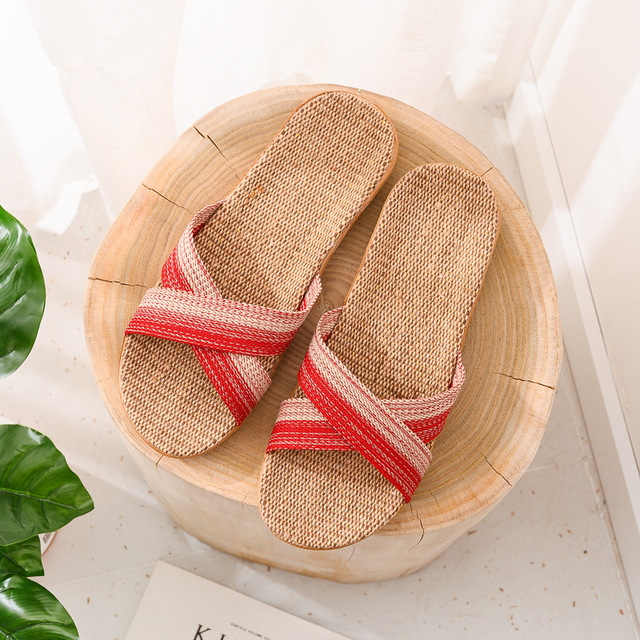 Women Linen Home Slippers Summer Casual Slides Beach Shoes Ladies Indoor Linen Slippers Bohemia Striped Flip Flops Sandals