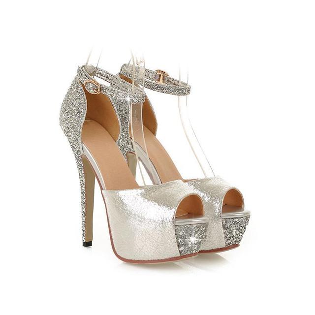 REAVE CAT-Women's High Heel Wedding Shoes, 13cm Stiletto Heeled Platform Buckle Shoes, Silver Color, Size 34-43