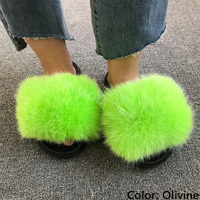 fluffy slippers women luxury real fox fur slippers women home fur slides ladies summer flip flops wholesale flat shoes slippers