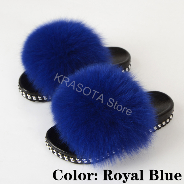 Fur Slippers Women Real Fox Fur Slides Fluffy Home Slippers Luxury Flip Flop with Fur Ladies Platform Sandals Summer Shoes Women