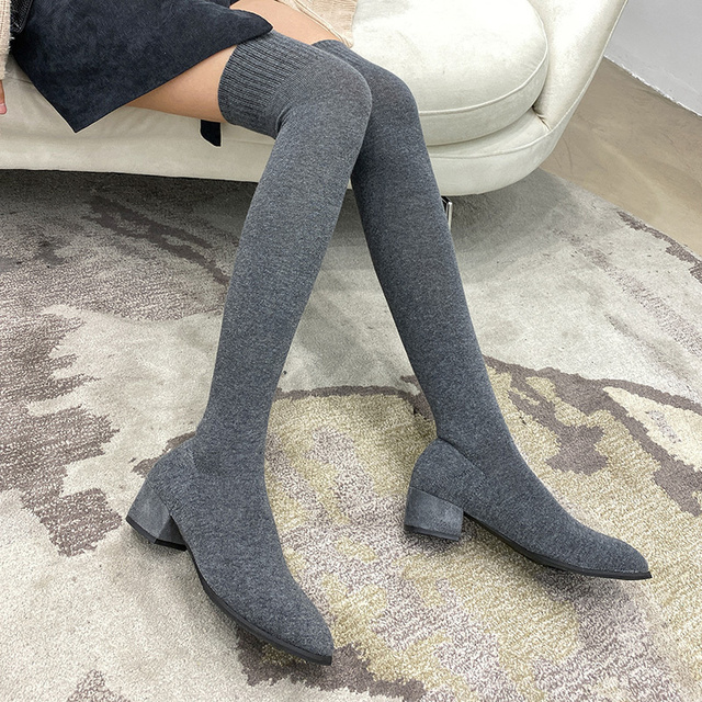 Women Over The Knee Sock Boots Knitting Sock Boots Pointed Toe Elastic Slim Female Thigh High Boots Flat Botas De Mujer Boots