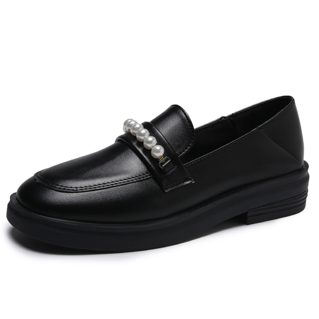 lucifer pearl pu leather loafers shoes for women buckle slip on platform flats woman 2022 spring black round toe office shoes