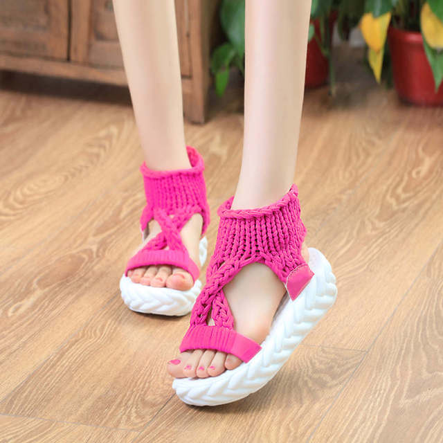 Women Gladiator Sandals Summer Flat Wool Shoes Thick Bottom Knitting Solid Sandals Ladies Platform Sandalias Zapatos Mujer