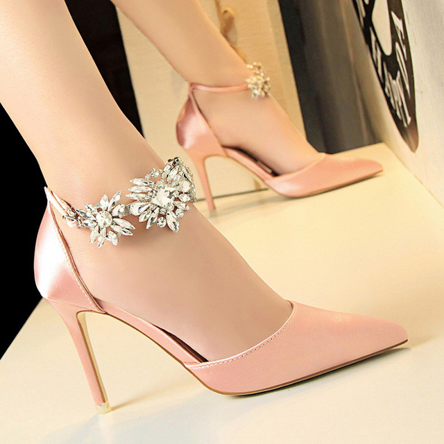 BIGTREE Shoes Women Rhinestone High Heels Woman Pumps Stiletto Silk Satin Women Heels Shoes Ladies Wedding Shoes Women Sandals