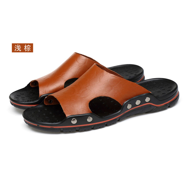 Shoes For Men Summer Slippers Genuine Leather Mens Flip Flops Comfortable Brown Beach Slides Bathroom Shoes Casual Home Slippers