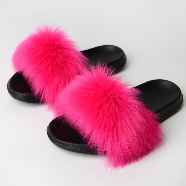 Women Summer New Synthetic Fox Fur Slippers Indoor Home Furry Cute Faux Raccoon Fur Non-slip Outdoor Home Shoes Beach Sandals