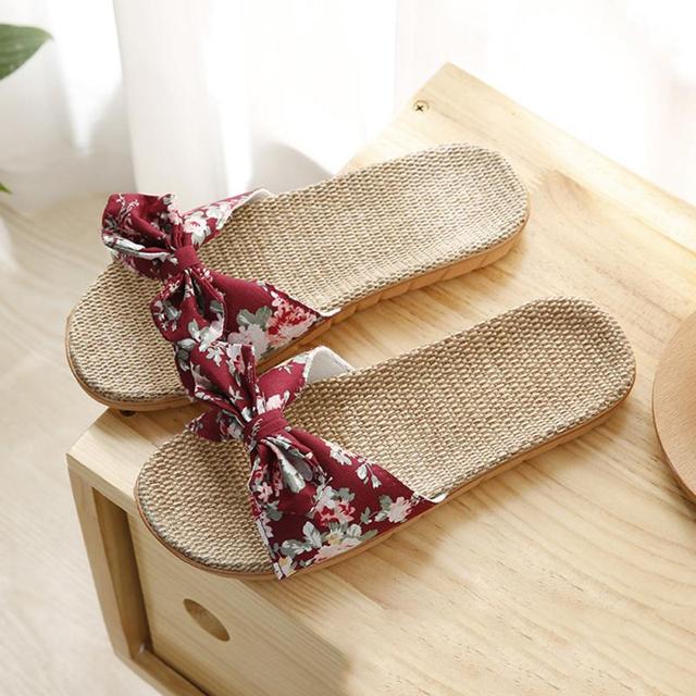 Women Summer Beach Slippers Female Breathable Floral Bow Linen Slippers Sandals Woman Non-slip Flats Female Flip Flop Fashion