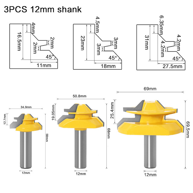 1pc Tungsten Carbide 45 Degree Lock Miter Router Bit 12mm Woodworking Tenon Milling Cutter Drill Tool Set Milling for Wood