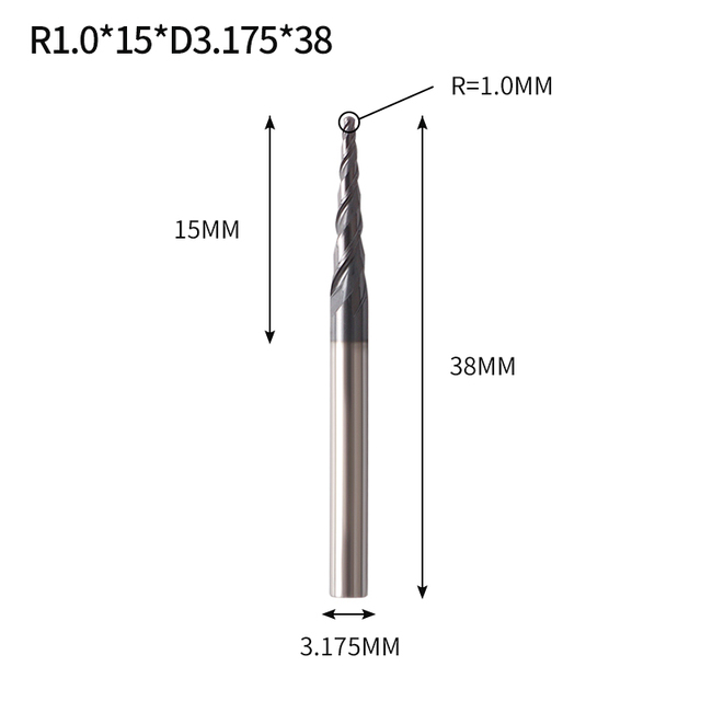 VACK - Ball Nose Pointed End Mills, 3.175mm, 4mm, 6mm, 8mm, Router Bits, Cnc, Wood and Metal Milling Machine