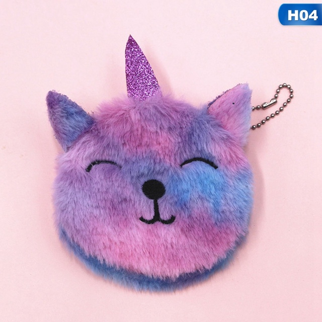 Cute Cat Fur Circle Purse Girl Clutch Bag Embroidered Key Headphone Organizer Pouch Kids Gift Cartoon Plush Unicorn Coin Purse