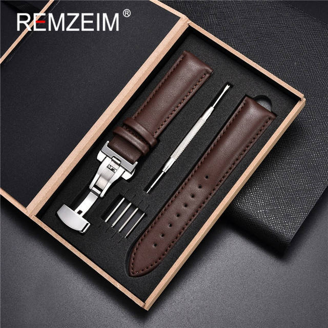 Rimzm Soft Calfskin Leather Watches 18mm 20mm 22mm 24mm Straps Automatic Butterfly Clasp Watch Accessories With Box