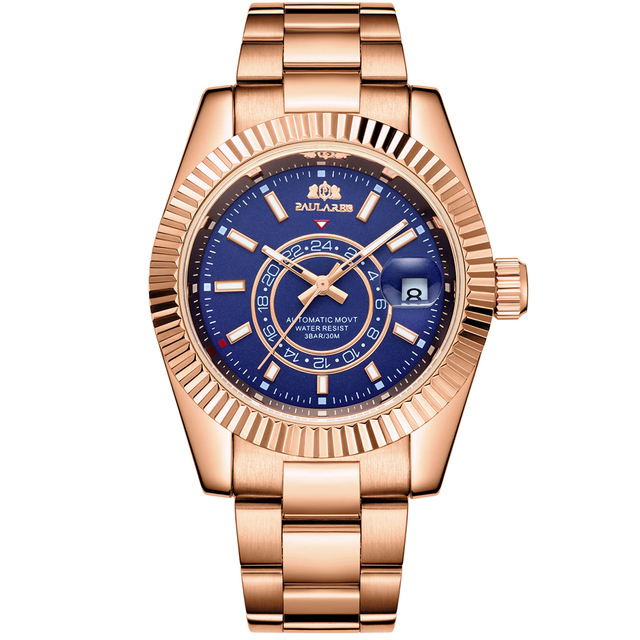 Men's automatic self-wind mechanical stainless steel strap rose gold silver blue date luxury sky 40mm watch