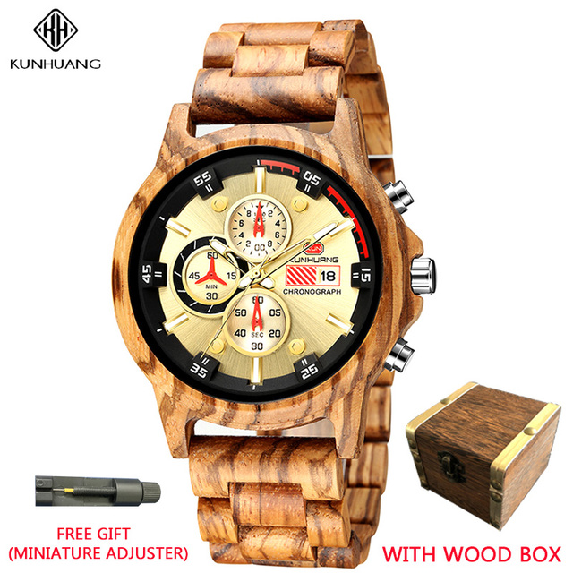 Kunhuang Men Watches Luxury Brand Wooden Walnut Sport Quartz Watch Men Fashion Date Chronograph Watch Relogio Masculino