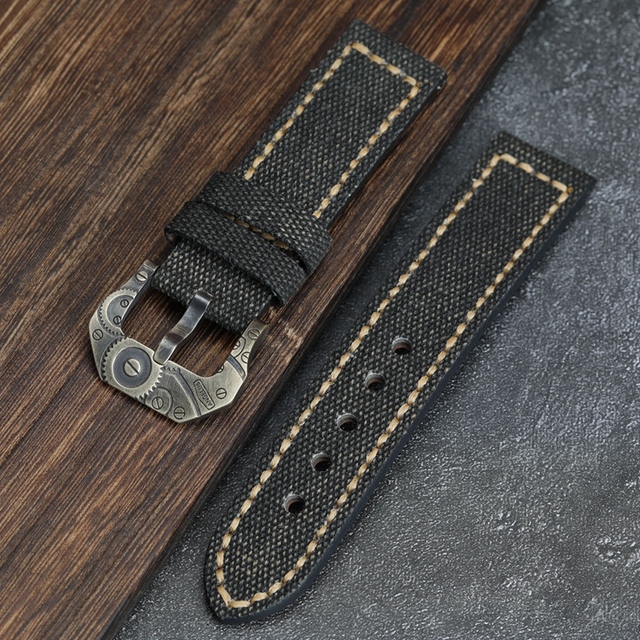 Handmade Canvas + Leather Watchband 20 22 24 26mm Compatible Bronze Strap Personalized Bronze Buckle