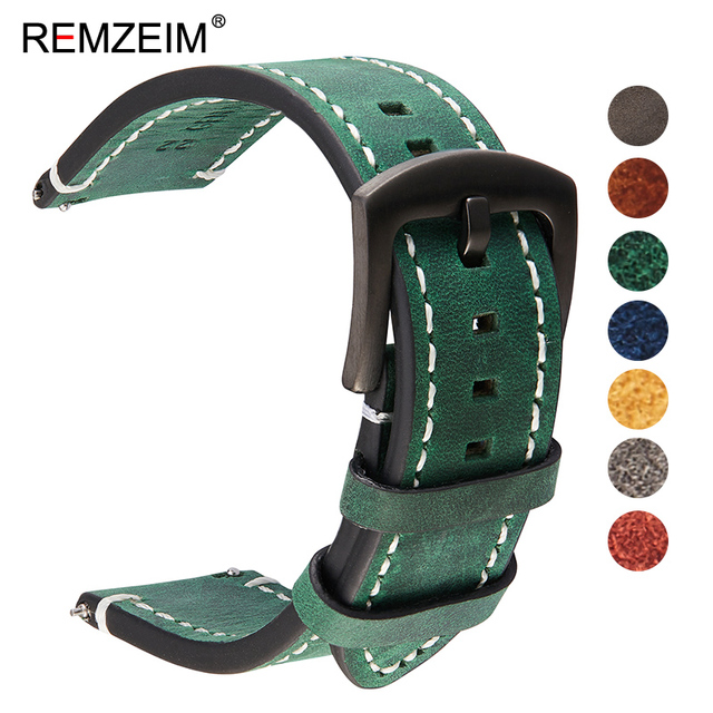 Remz Plaid - Genuine Leather Watch Band for Men and Women, Black, Blue, Gray, Brown, Cowhide, 18mm, 20mm, 22mm, 24mm