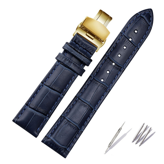 Genuine Leather Bracelet Dark Blue Watch Strap Butterfly Clasp Watchband Size In 16mm 18mm 20mm 21 22mm 23mm Watch Band