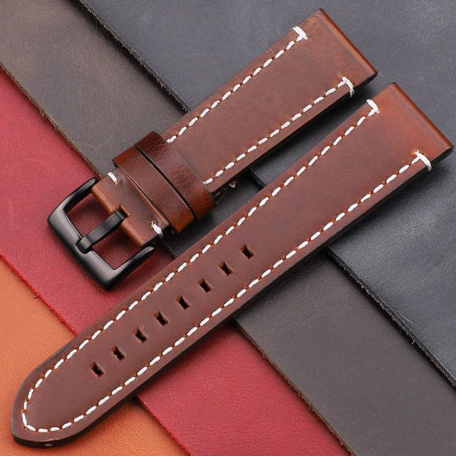 Genuine Leather Watch Band Strap Manual Men Thick 7 Colors 18mm 20mm 22mm 24mm Watchbands Stainless Steel Buckle Accessories