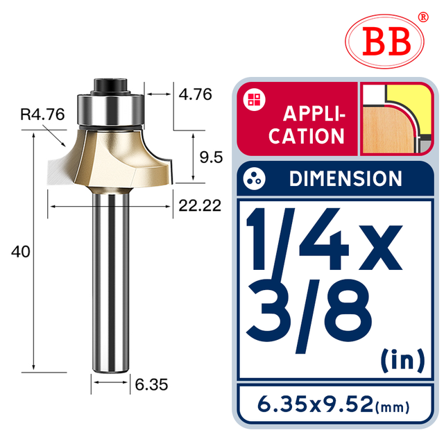 BB Corner Rounding Router Bit Concave Milling Cutter with Parallel Shank 1/2 1/4 Inch Woodworking Tool Round Edge Trimmer