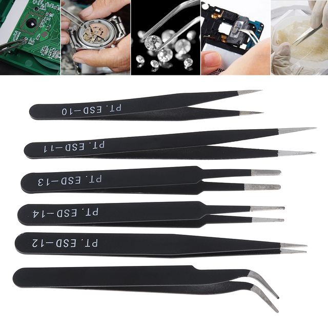 9pcs ESD Stainless Steel Tweezers Set Anti-static Stainless Steel Tweezers for Jewelry Craft Electronics Lab Phone Repair